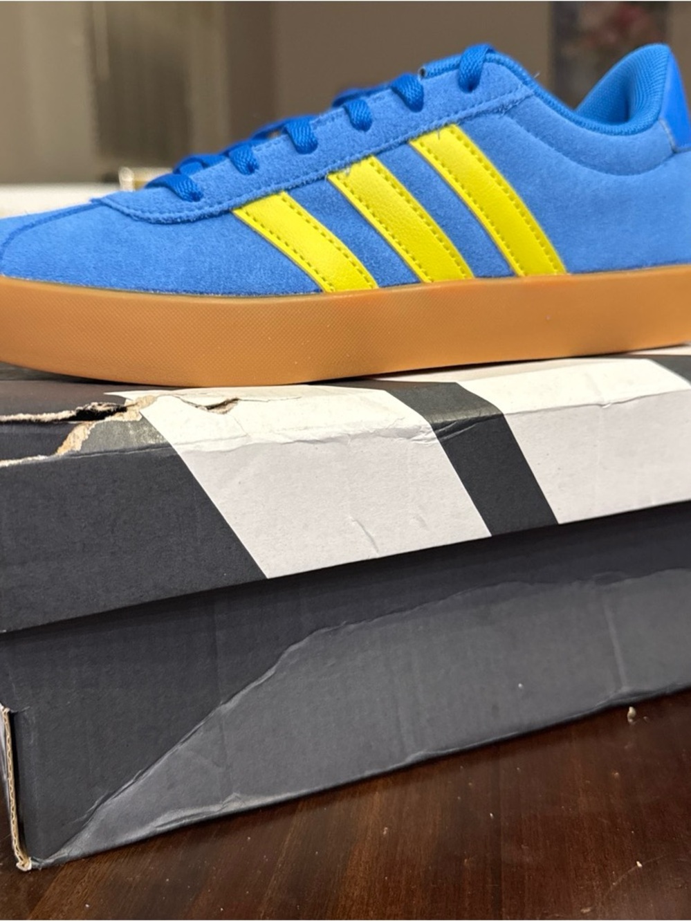 adidas Men’s Blue Suede Sneakers with Yellow Stripes